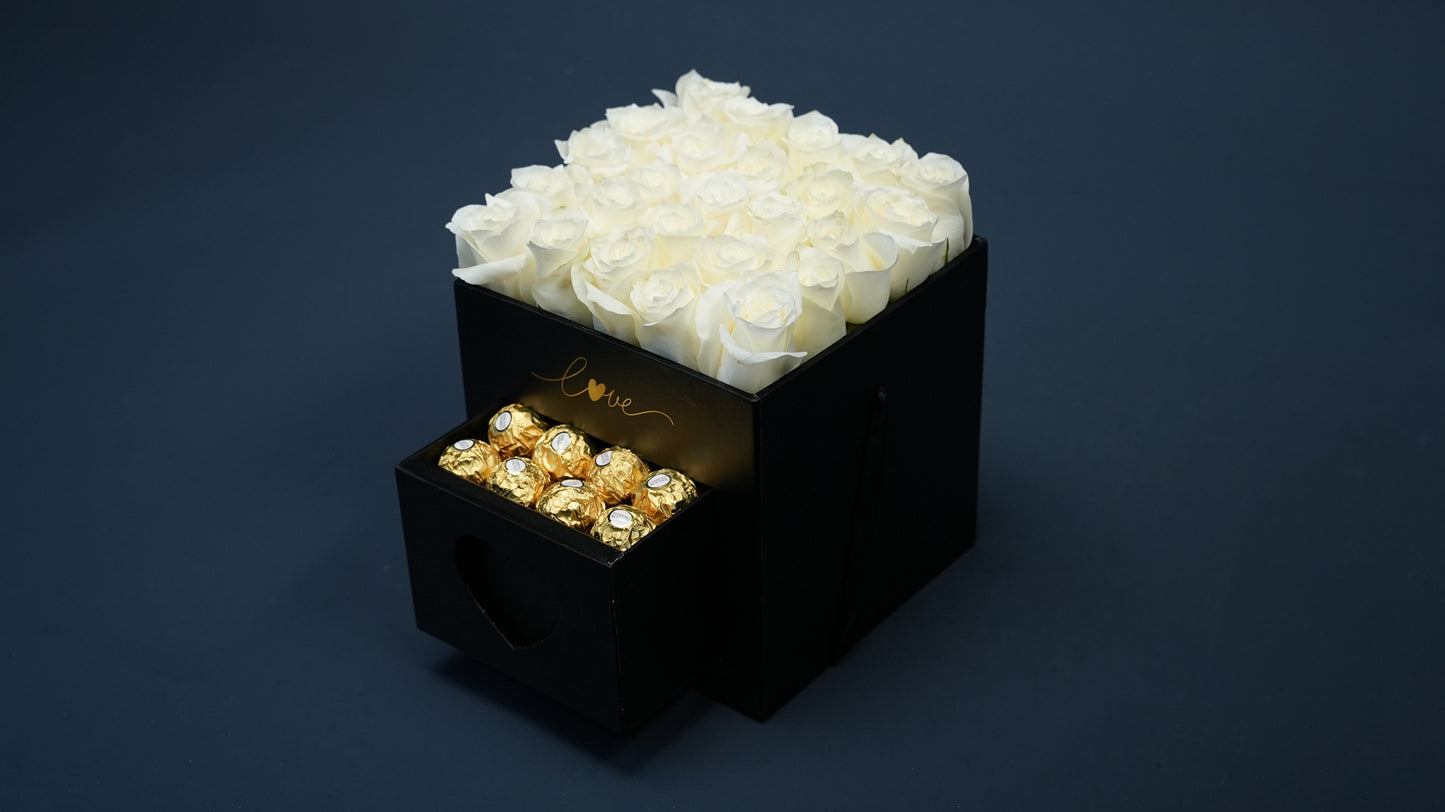 Pure White Roses Box with Luxury chocolate| 16 premium Roses