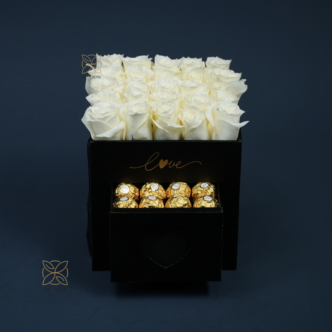 Pure White Roses Box with Luxury chocolate| 16 premium Roses