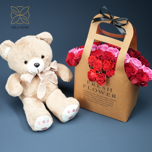 Eternal Roses Charm Bag with Teddy Bear| 23 premium Roses