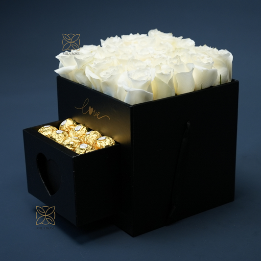 Pure White Roses Box with Luxury chocolate| 16 premium Roses