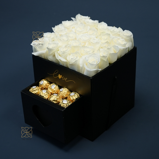 Pure White Roses Box with Luxury chocolate| 16 premium Roses
