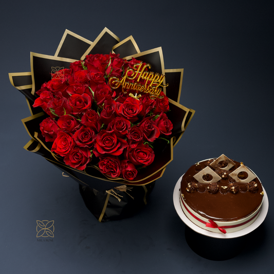 Majestic Red Roses Bouquet with Luxurious Cake | 35premium Roses