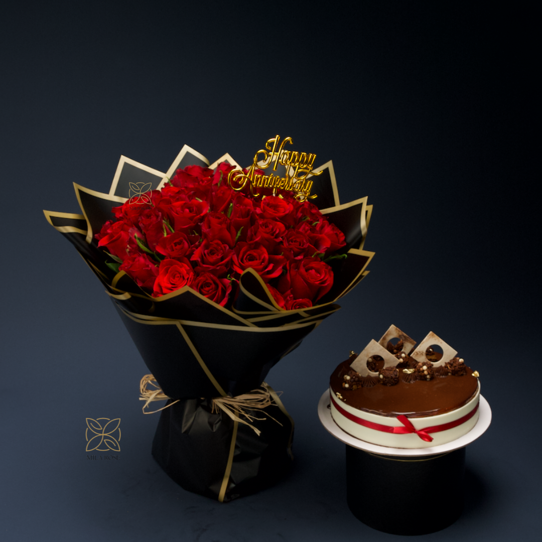 Majestic Red Roses Bouquet with Luxurious Cake | 35premium Roses