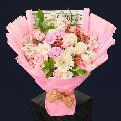 Elegant Pink Bouquet of Roses, Matthiola, Hypericum and Gerbera
