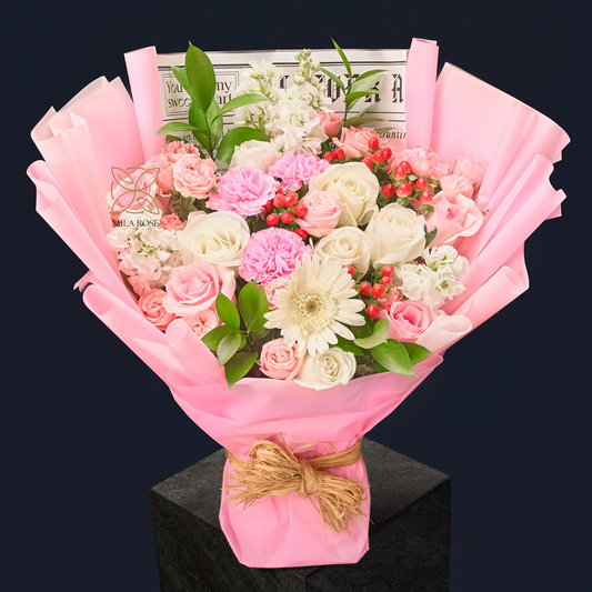 Elegant Pink Bouquet of Roses, Matthiola, Hypericum and Gerbera